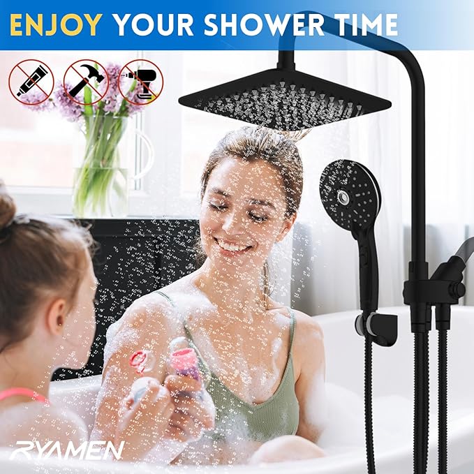 8" Dual Shower Head Combo, Rainfall Shower Head with Handheld, 6 Spray Settings Angle Adjustable Handheld Shower Head with Pause, Height Adjustable, Matte Black