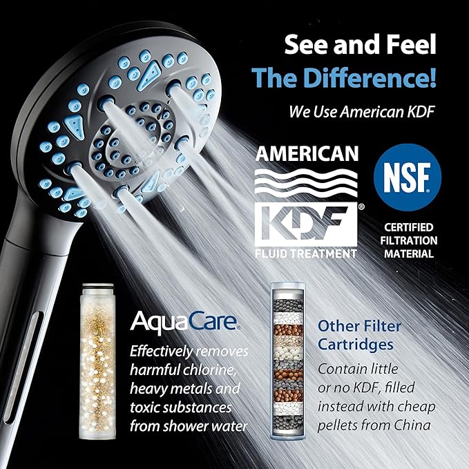 AquaCare High Pressure 6-way Dual Shower Head Combo with Built-in Filter & Power Wash - Clean Tub, Tile & Pets. Remove Chlorine, Lead & Toxins from Water to Protect Skin, Hair, & Nails. Matte Black