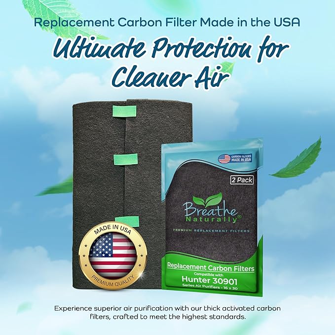 Breathe Naturally Replacement Carbon Pre-Filters Compatible with Hunter 30901, HEPAtech and QuietFlo Air Purifier - Activated Charcoal Filter Sheet - 16" x 30"x 0.2" (Pack of 2, Carbon Prefilters)