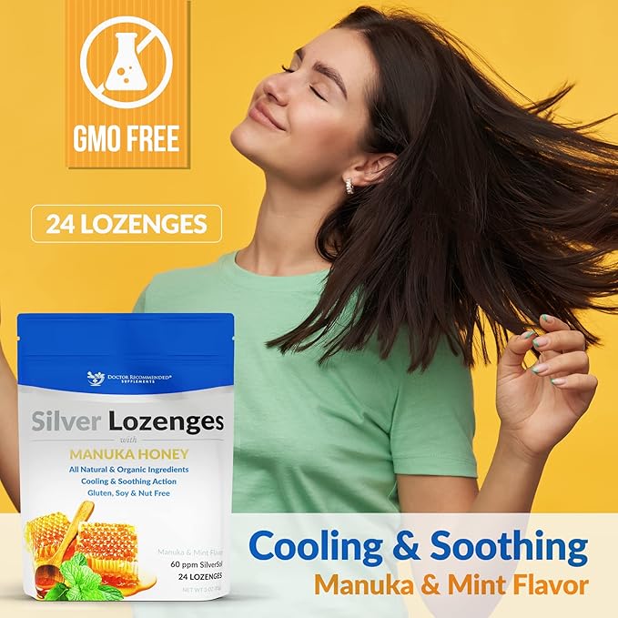 Silver Lozenges with Organic Manuka Honey and Vitamin C - All-Natural Nano Silver 45-50mcg of 60 PPM Colloidal Silver Mineral Drops to Support Immune System, Soothe, Cool Cough & Throat, 24-Lozenges