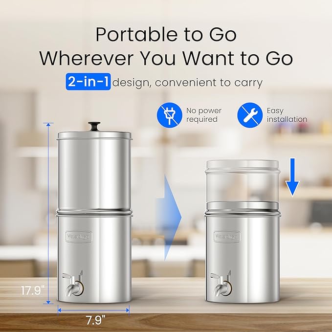 Waterdrop Gravity-fed Water Filtration System, NSF/ANSI 42&372 Certified Black Carbon Filters, Reduce Lead and Up to 99% Chlorine, with Stainless Steel Stand, 1.5 Gallons