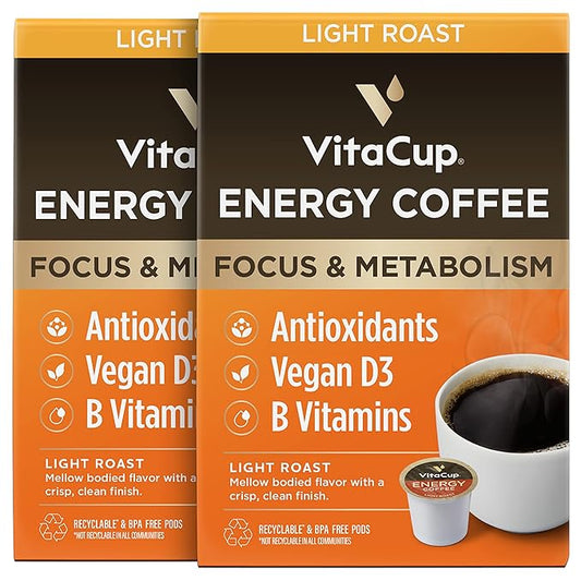VitaCup Energy Light Roast Coffee Pods, Boost Focus & Metabolism, Antioxidants, B Vitamins, Crisp & Smooth,100% Arabica Coffee, Recyclable Single Serve Pod Compatible with Keurig K-Cup Brewers,32 Ct