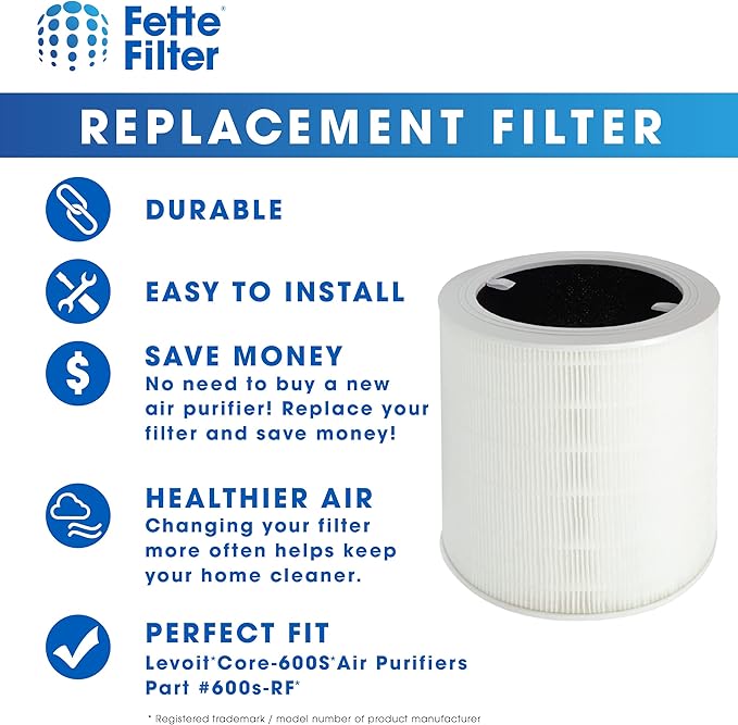 Fette Filter - Air Purifier Replacemenet Filter Compatible with Part # Core 600S-RF Premium Replacement Filter Compatible with Levoit Air Purifiers Core 600S - Pack of 1