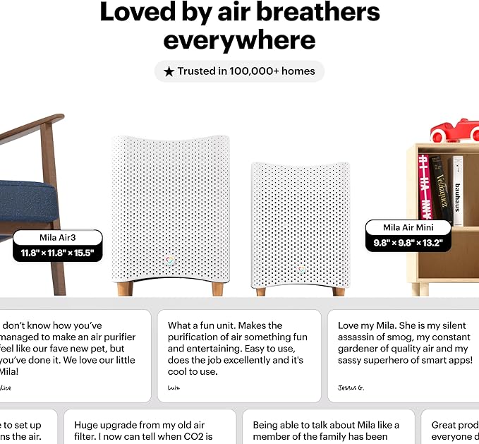 Mila Air 3 Smart Home Air Purifier with Critter Cuddler H13 HEPA & Carbon Replacement Filter, Reduces Pet Odors, Removes Dust & Pet Dander, Ideal for Large Room or Bedroom, Quiet-Mode