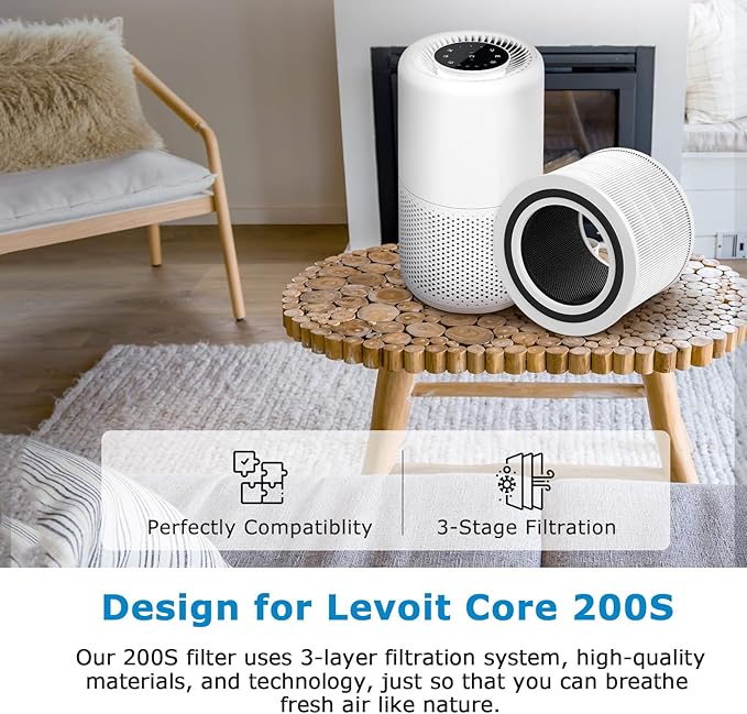 Core 200S Replacement Filter for LEVOIT Core 200S Smart WiFi Air PuriFier, 3-in-1 HEPA Filtration High-Efficiency Activated Carbon Pre-Filter, Core 200S-RF, 2 Pack