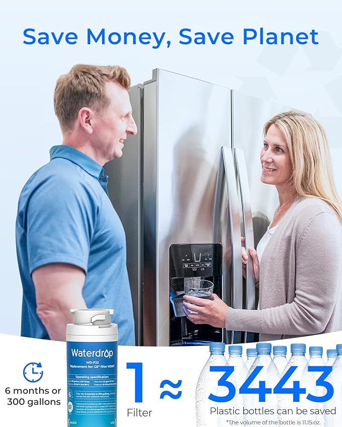 Waterdrop MSWF Refrigerator Water Filter, Replacement for GE® MSWF, 101820A, 101821B, RWF1500A, NSF 42&372 Certified, Pack of 3