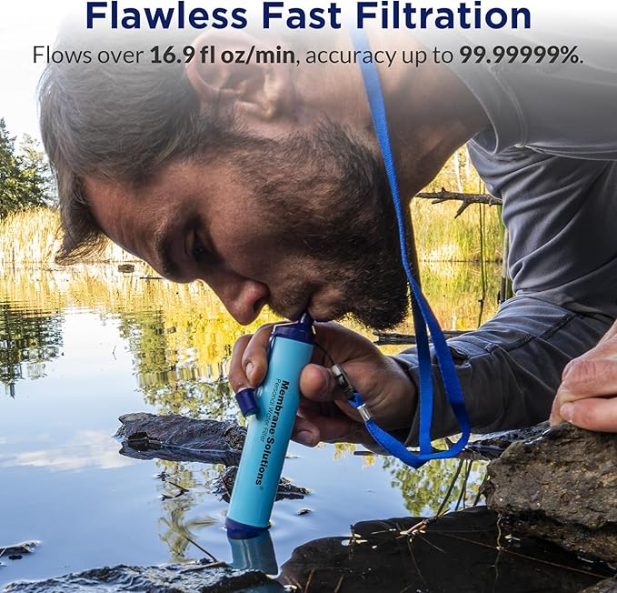 Membrane Solutions Straw Water Filter S1, NSF/ANSI 42&372&401 certificated, Survival Filtration Portable Gear, Emergency Preparedness, Supply for Drinking Hiking Camping Team Family Outing