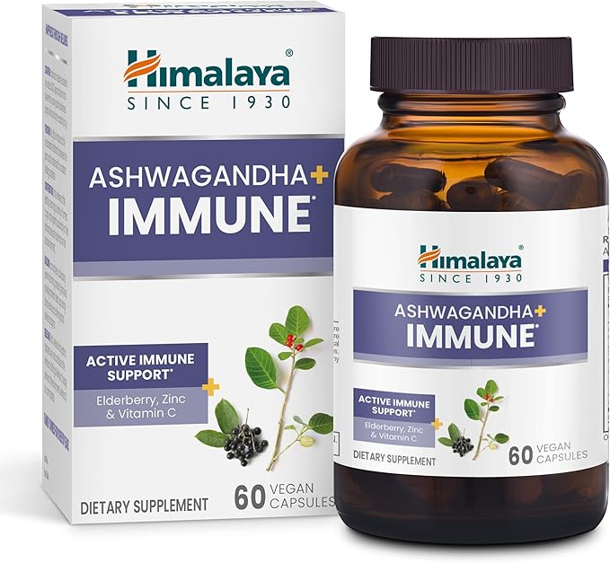 Himalaya Ashwagandha+ Immune with Ashwagandha, Elderberry, Zinc & Vitamin C for Active Immune Support, 60 Capsules, 1 Month Supply, Vegan, Gluten Free