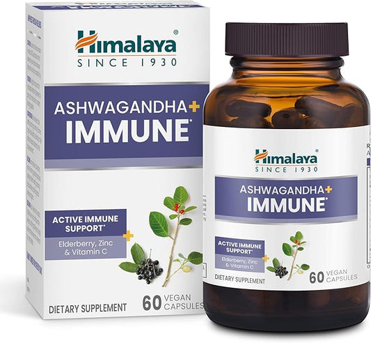 Himalaya Ashwagandha+ Immune with Ashwagandha, Elderberry, Zinc & Vitamin C for Active Immune Support, 60 Capsules, 1 Month Supply, Vegan, Gluten Free