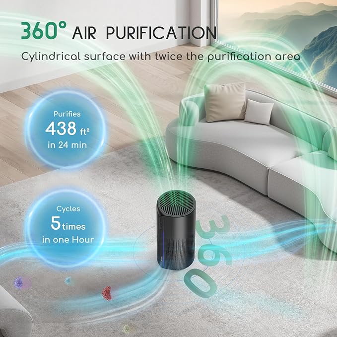 Air Purifier with Humidifier Combo, 2 in 1 Afloia 3-Stage Filters for Bedroom Pets Hair Smoker Odors, Evaporative Humidifier, Auto Shut Off, Quiet Air Cleaner with Seven Color Light, Black