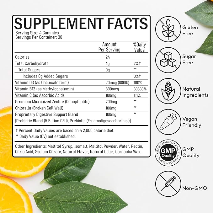 Zeolite Detox Gummies for Adults - Clinoptilolite Zeolite with Chlorella Vitamins D3 B12 C - Advanced Chewable Supplement for Immune Health Body Cleanse & Toxin Support - Sugar Free Vegan