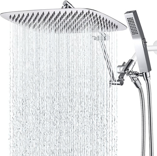 G-Promise All Metal 14 Inches Rainfall Shower Head with Handheld Spray Combo, 3 Settings Diverter, Adjustable Extension Arm with Lock Joints, 71 Inches Stainless Steel Hose (Chrome)