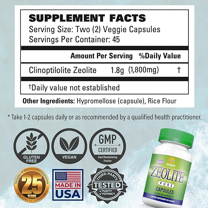Zeolite Pure Capsules | Zeolite Detox, Extra Strength | Pure, Full Body Cleanse for Women, Men | Activated Organic, Food Grade Clinoptilolite Powder 94%, 90 Caps (81 Grams), 6 Wk to 3 Mo Supply