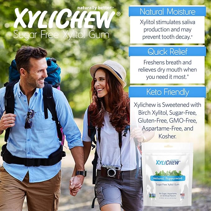 Xylichew 100% Xylitol Chewing Gum - Non GMO, Non Aspartame, Gluten Free, and Sugar Free Gum - Natural Oral Care, Relieves Bad Breath and Dry Mouth - Peppermint, 50 Count