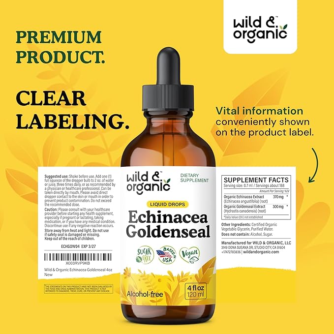 Wild & Organic Echinacea Goldenseal Tincture - Immune Support Drops with Echinacea and Goldenseal Root Extract - Vegan, Sugar & Alcohol-Free Liquid Supplement - 4 fl oz