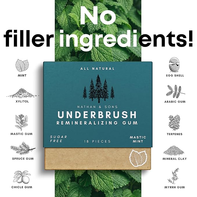 UnderBrush Mastic Mint Chewing Gum – Sugar-Free Xylitol Gum with Hydroxyapatite – No Gluten, Sugar, Aspartame and Sucralose - Tree Sap Chewing Base – 4 Pack