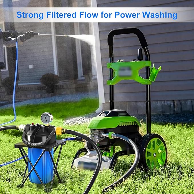 6-Layer RV Water Filter with Stand and Pressure Gauge, 3/4" GHT Metal Threads Inline Water Filter, Removes Sediments, Chlorine, VOCs, Heavy Metals, Bad Taste, Odor, and More