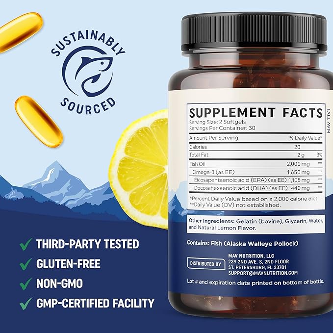 EPA Ultra 1,105MG | Heart Health & Cellular Function Support | Omega 3 Fish Oil | 1,650MG Total Omega-3 Fatty Acids | High Strength EPA Supplement | Sustainably Sourced & Gluten-Free | 60 Ct.