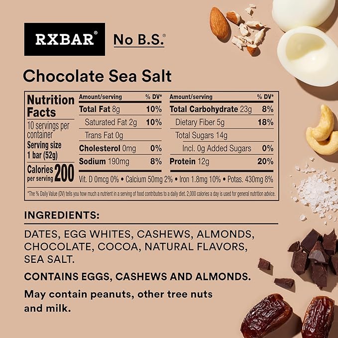 RXBAR Protein Bars, Protein Snack, Snack Bars, Chocolate Sea Salt, 18.3oz Box (10 Bars)