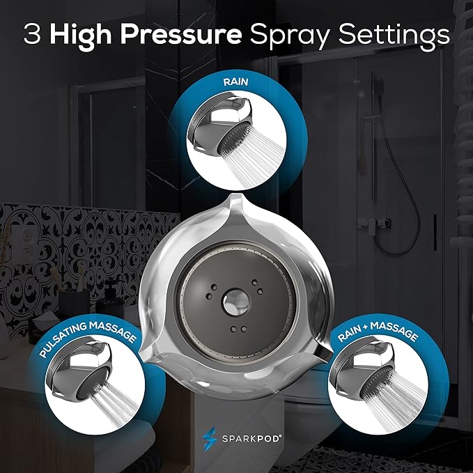 SparkPod 3-Inch Extreme High Pressure Shower Heads - Pressure Boosting with Rain, Massage & Pulsating Mode, Powerful Water-Saving Showerhead - 2.5 GPM Fixed Shower Head (Polished Chrome)