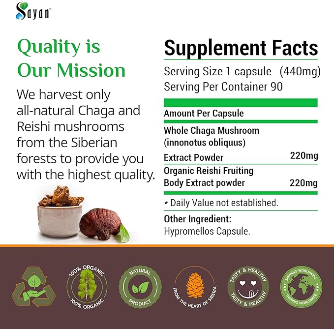 Sayan Siberian Chaga and Organic Reishi Mushroom Extract Supplement – 90 Capsules/440mg Each - Wild-Harvested, Antioxidant Blend for Immune System Support + Natural Energy Boost, Non-GMO, Gluten Free