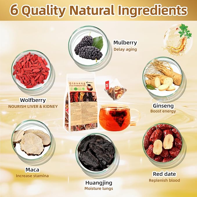 Ginseng Five Treasures Tea - 6 Precious Herbs Kidney Cleanse & Detox Tea, Traditional Chinese Organic Herbal Blend with Ginseng, Goji, Red Date for Men & Women (40 Bags)