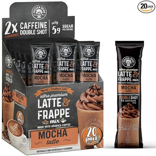 The Frozen Bean - Mocha Frappe & Latte Instant Mix with Arabica Coffee, Double Caffiene, Low Sugar - for Hot, Iced, or Frappuccino-Style Blended Drinks - (20) 0.53oz Single Serve