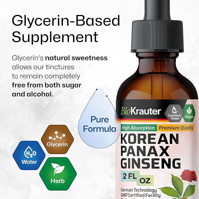 BIO KRAUTER Panax Ginseng Extract Liquid - Korean Red Ginseng Supplement Alcohol Free - Immune Support - Vegan, Sugar Free - 2 Fl.Oz.
