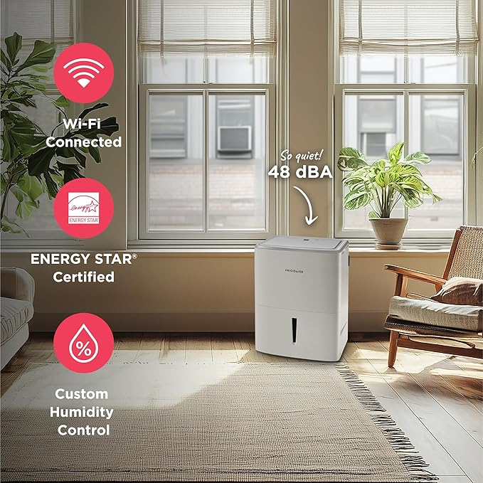 Frigidaire 35-Pint Portable Dehumidifier with Wi-Fi and Energy Star Certification for Small/Medium/Large Rooms & Basements, Custom Humidity Control, Auto Shut Off, White
