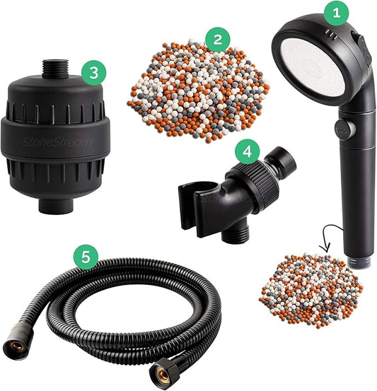Original StoneStream® EcoPower Shower Head System — Spa Like Ionic Filter to Soften Water, Increase Pressure & Save Water — Showerhead + Hard Water Filtration + Wall Adapter Kit — Matte Black