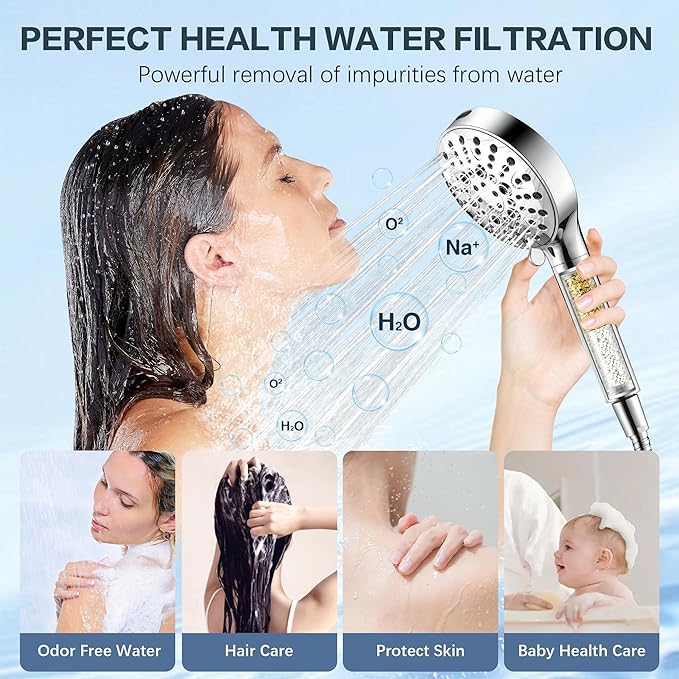 BRIGHT SHOWERS Filtered Shower Head with Handheld, High Pressure 9 Spray Mode Showerhead with Long Hose and Bracket, Water Softener Filters Beads for Hard Water - Removes Chlorine, Chrome