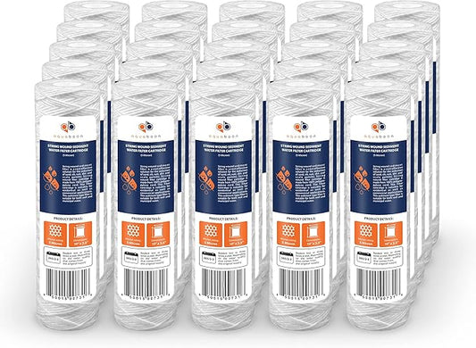 Aquaboon Whole House 5 Micron 10 x 2.5 String Wound Sediment Water Filter Cartridge Replacement Compatible with Well Water Filter WHKF-WHSW, 25-Pack