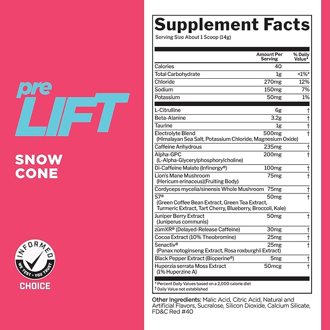 Rule 1 preLIFT Pre-Workout, 6g Citrulline, 3.2g Beta Alanine, 3 Caffeine Sources + 20 Others for Energy, Alertness, & Endurance (30 Servings, Snow Cone)