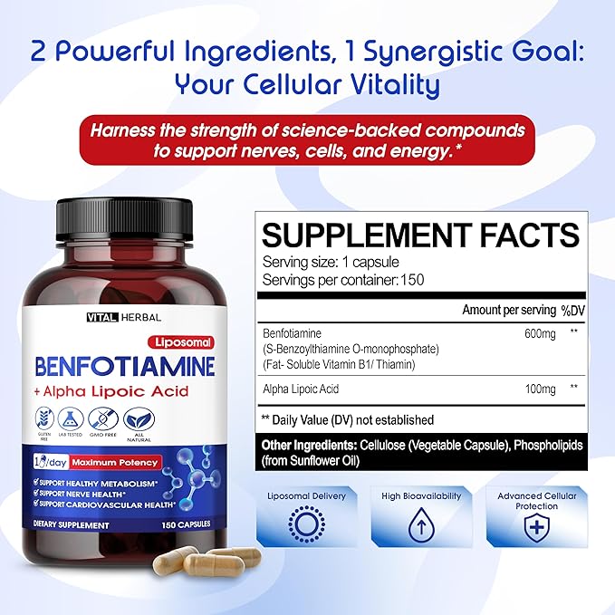 VITAL HERBAL Liposomal Benfotiamine with Alpha Lipoic Acid - Maximum Potency- Support Healthy Metabolism - Made in The USA