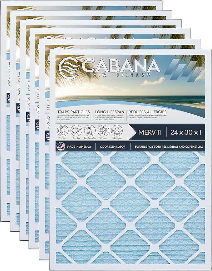 Cabana Filters 24x30x1 AC Furnace Air Filter, Merv 11 Capture Unwanted Particles, Pleated Furnace Filter HVAC AC Filters - Made in the USA - 6 Pack