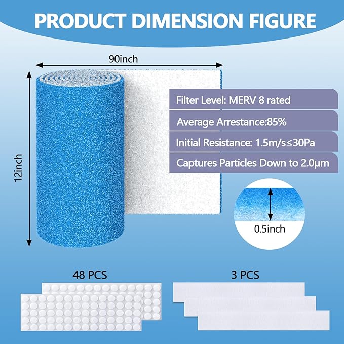 12" x 90" Air Vent Filters, with 48Pcs Adhesive Hook Tape, Cut to Size Air Filter Material HVAC Furnace Filters Kit MERV 8 Triple Vent Filter for Home Floor Register, Ceiling, Grilles