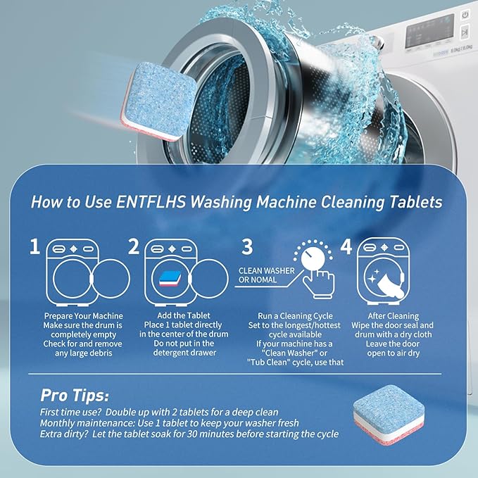 Washing Machine Cleaner Tablets 30 Pack - HE Top Load & Front Load Washer Cleaner, Eco Friendly Septic Safe, 3 Layers Deep Cleaning, Descaler & Deodorizer, 1+ Year Supply (30 Count