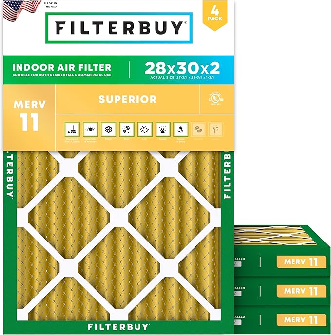 Filterbuy 28x30x2 Air Filter MERV 11 (MPR 1200) Allergen Defense Replacement (4-Pack), Electrostatic Pleated HVAC AC Furnace Filters, Made in USA (Actual Size: 27.75 x 29.75 x 1.75)