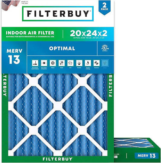 Filterbuy 20x24x2 Air Filter MERV 13 (MPR 1900) Health Defense Replacement (2-Pack), Electrostatic Pleated HVAC AC Furnace Filters, Made in USA (Actual Size: 19.38 x 23.38 x 1.75)