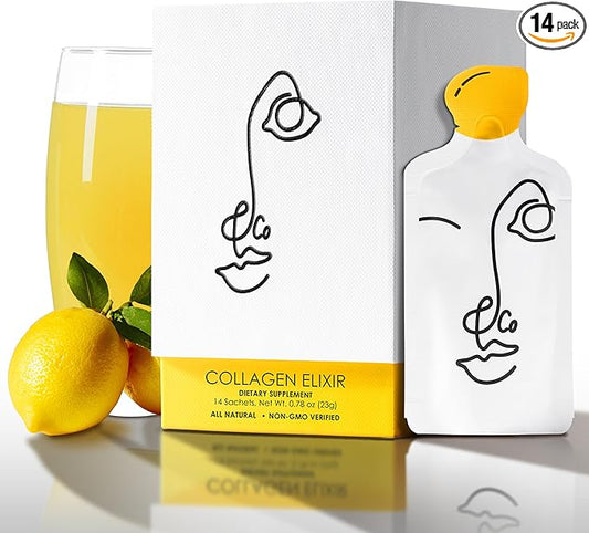LEMON & CO. Lemon Collagen Elixir - 5g Wild Caught Marine Collagen with Vitamin C & Organic Lemons - Non-GMO, Sugar-Free, Preservative-Free Collagen Water for Nails, Hair & Skin - 14 Packets