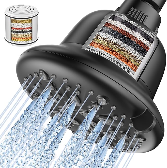 Cobbe Filtered Shower Head, 7 Modes High Pressure Shower Heads - 16 Stage Shower Head Filter for Hard Water for Remove Chlorine and Harmful Substances (Midnight Black Matte, 5 Inch Round)
