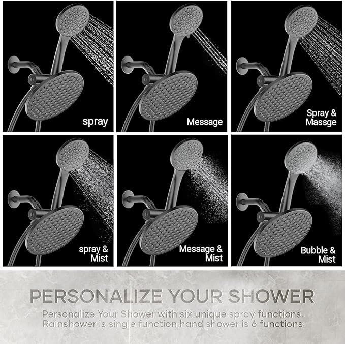 8.6 inch High Pressure 3-Way Shower Heads Combo, Pulsating Rainfall Shower Head, 6-Settings Dual Shower Head with Handheld Hose 6ft Black