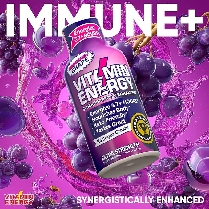 Vitamin Energy Immune+ Extra Strength Energy Shot Grape 24 Pack, 260mg Natural Caffeine, B-Vitamins, Citicoline, Green Tea, Immunity & Focus Support, Zero Sugar, Gluten-Free 1.93 fl oz