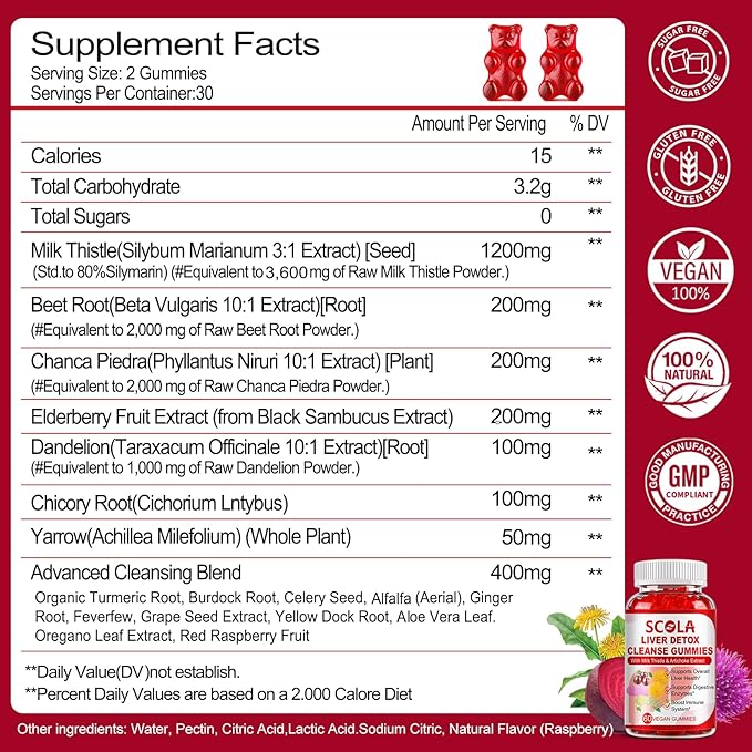 SCOLA Liver Cleanse Detox & Repair Gummies, Liver Support Supplement Includes Milk Thistle Extract with Silymarin, Dandelion, Chicory Root, Liver Health Supplements, 120 Count