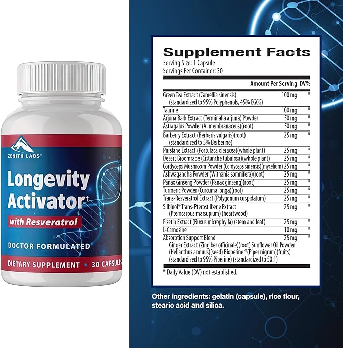 Zenith Labs Longevity Activator Anti-Aging Supplement Dietary Supplement, Natural Antioxidants with Resveratrol - Supports Immune Function and Healthy Memory, 3 Pack