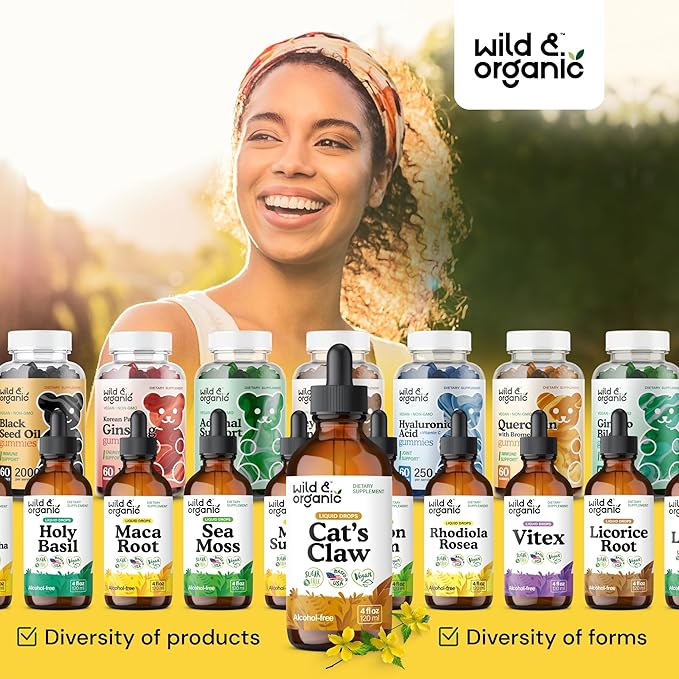 Wild & Organic Cats Claw Tincture - Immune Support Supplement - Cats Claw Herb Liquid Extract - Vegan, Sugar & Alcohol-Free Bark Based Drops - 4 fl oz