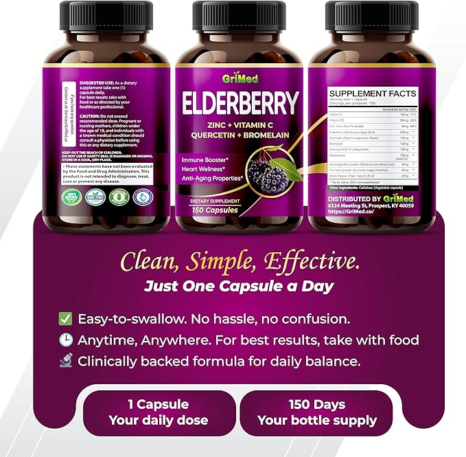 GriMed Elderberry 21,900mg - X15 Power with Zinc, Vitamin C, Quercetin, Bromelain - Immune Booster, Anti-Aging Properties - Made in USA (150 Count (Pack of 1))