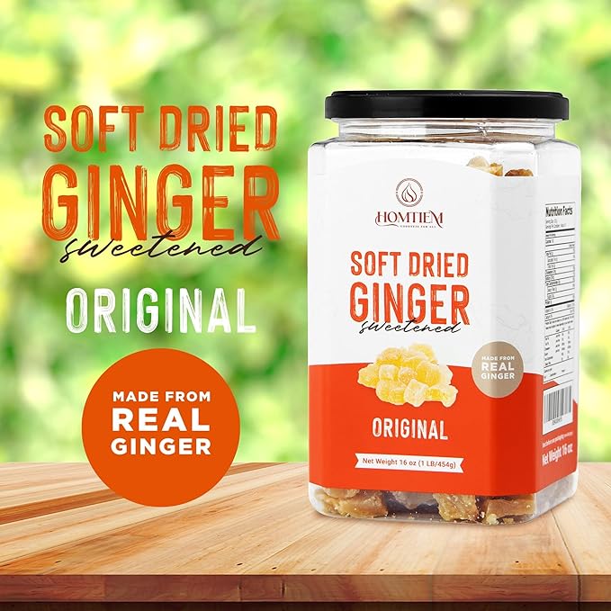 Homtiem Dried Crystallized Ginger 3lb (16 Ounce pack 3) Real Soft, Chews and Candied Delicious pieces Gingers, Easy to eat, keep and use, No Artificial Colors, All-Natural and Preservative-Free