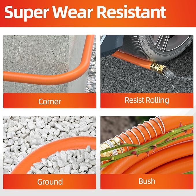 Garden Water Hose 50 ft x 3/4 in Heavy Duty, Flexible and Lightweight, Burst 600 psi, Kink-less Hybrid Rubber Pipe for Backyard, 3/4'' Brass Fittings, Orange
