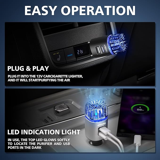 Car Air Purifier Ionizer, 12V Plug-in Car Air Freshener Gadgets with Dual USB Charger Removes Cigarette Smoke, Pet and Food Odor, Ionic Ozone (Silver)